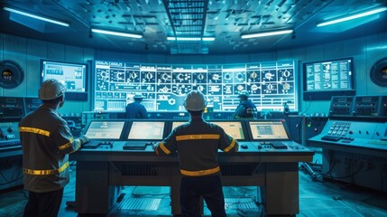 Engineers inspecting the control room of a hydroelectric dam