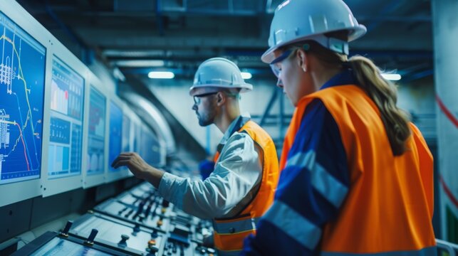 Engineers inspecting the control room of a hydroelectric dam