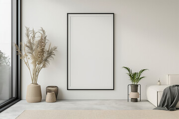 Frame mockup | minimalist interior design | large picture frame | beige and black vases with dried flowers | indoor potted plants | neutral color palette | floor rug | modern living space