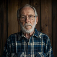 Obraz premium An elderly man with a beard and glasses, wearing a blue plaid shirt, standing against a wooden wall
