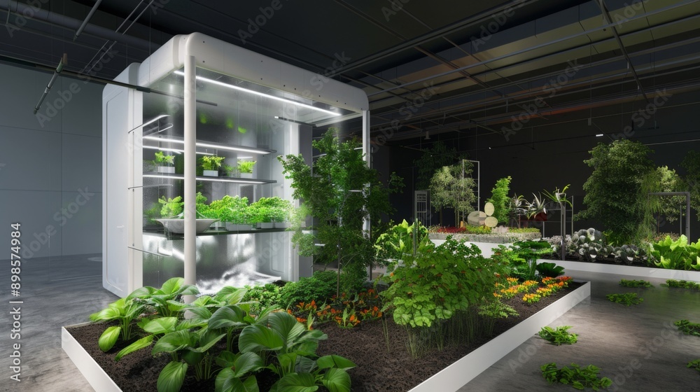 Poster a contemporary indoor area contains a vertical garden with an automated system for growing plants an