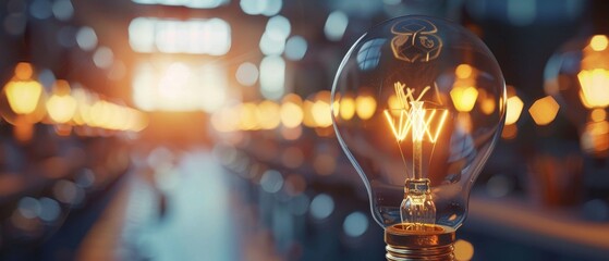 A glowing light bulb in a blurred city background.