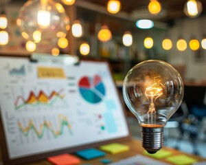 A glowing light bulb sits in front of a whiteboard with charts and graphs, suggesting a breakthrough idea or solution.