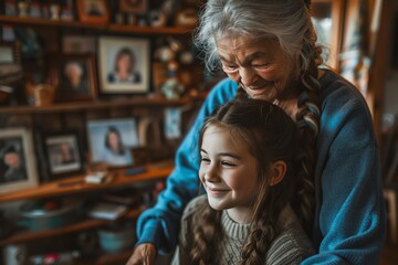 Heartwarming moment between elderly woman and young girl, surrounded by family photos, represents generations and connections.