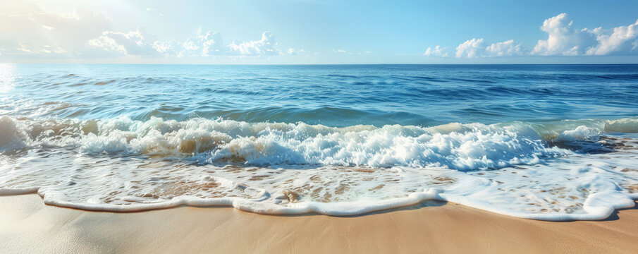 A serene beach backdrop with soft sand and gentle waves, creating a peaceful and relaxing atmosphere.