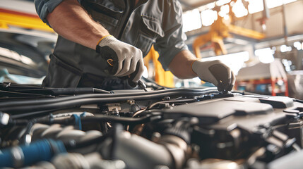 Auto mechanic repairs a car engine in a service. Blur effect in the background	