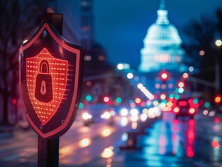 A glowing security shield stands in front of a blurred cityscape at night. The Capitol Building is visible in the background.