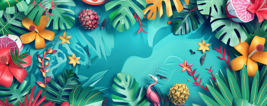 A lively message celebrating the end of the week on a bright teal surface, with tropical imagery and fun graphics.