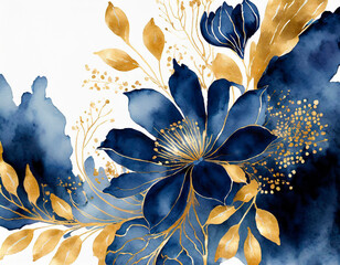 Navy blue watercolor flowers with gold on a white background