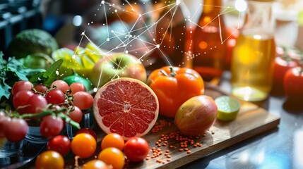 Illustrating a nutrition analysis app scanning factory foods against a food safety tech backdrop, highlighting tech in food safety and nutrition content