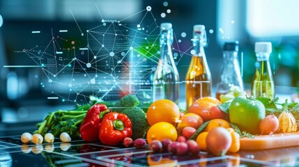 Illustrating a nutrition analysis app scanning factory foods against a food safety tech backdrop, highlighting tech in food safety and nutrition content