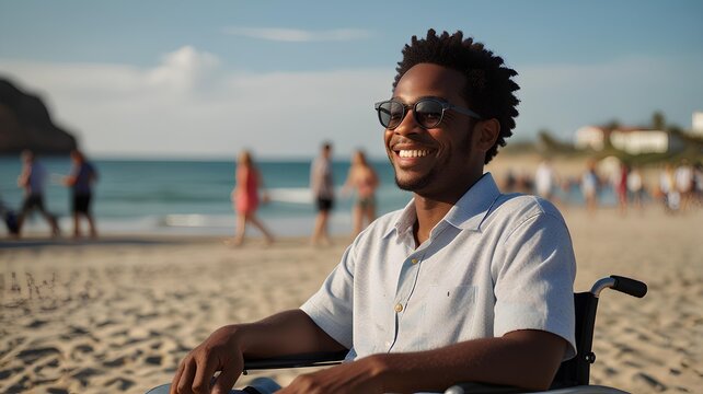 Happy disabled black african american man in a wheelchair smiling on vacation on the beach.