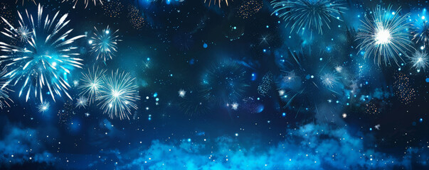 Bright blue and white fireworks illuminating the night, with a large dark area below to add text or greetings.