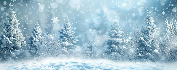 A snowy winter wonderland backdrop with sparkling snowflakes and frosty trees, ideal for a festive and serene atmosphere.