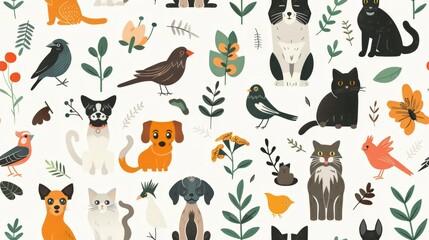 A vibrant pattern showcasing various pets including dogs, cats, and birds, interspersed with playful floral elements