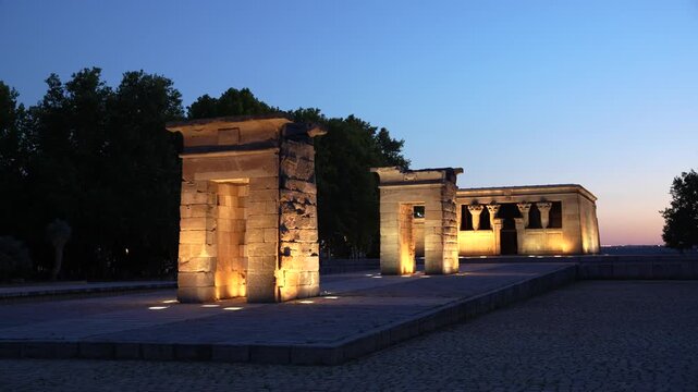 The Temple of Debod in Madrid, Spain at Sunset. Lit Up. Egyptian Monument in Europe. Tourist Destination Landmark. (Templo de Debod)