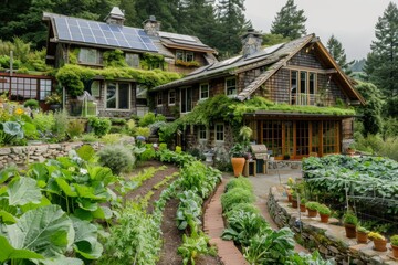 A lush green garden with a wooden house in the background