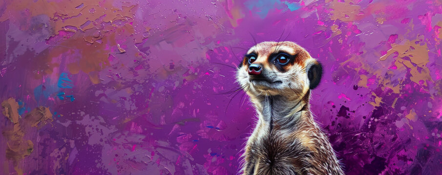 A beautiful painting of a meerkat against a vibrant amethyst background, showcasing the meerkat's alert posture and curious eyes.
