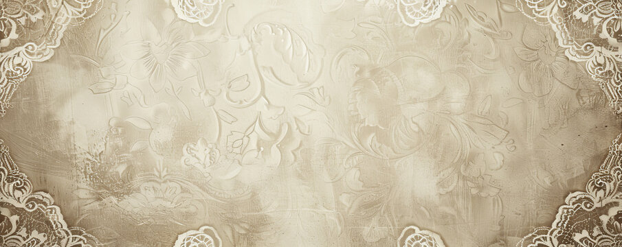 An elegant vintage backdrop with intricate lace patterns and soft sepia tones, ideal for a nostalgic and timeless feel.