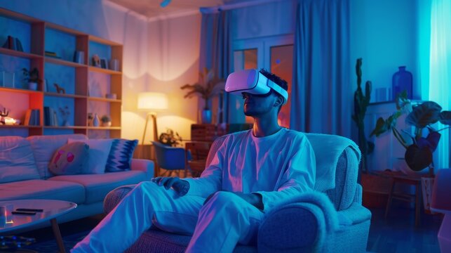 Man wearing VR glasses in a futuristic living room. Soft blue light. High-tech gadgets and modern decor in the background.