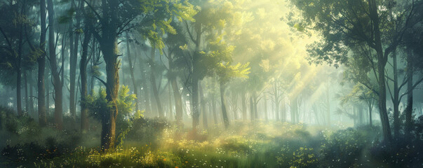 A tranquil forest background with tall trees, a soft mist, and dappled sunlight, creating a peaceful and enchanting scene.
