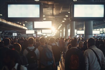 Crowded airport terminal with backlit travelers