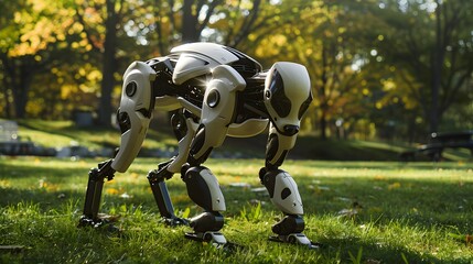 Robot Dog: A robot dog playing fetch in a park, with realistic movements and playful design.
