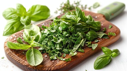 Culinary Concept: Fresh Herbs Being Chopped on White Background