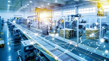 Fototapeta premium Automated Smart Factory with Interconnected Mesh Representing Industry 4 0 Innovations