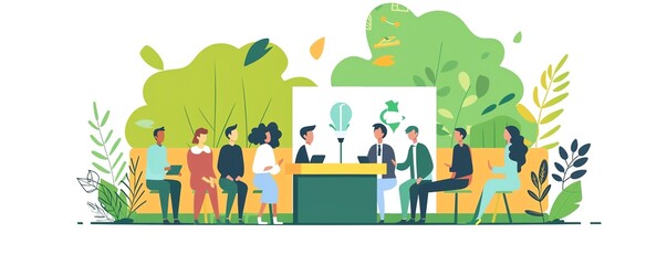 Fototapeta premium Public hearing on environmental policy, community participation, flat design illustration