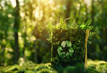 Shape transparent shopping bag against background lush forest, visible recycling symbol inside