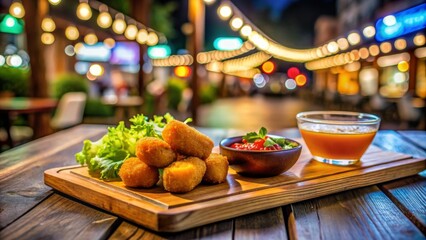 Fototapeta premium Croquetas servidas en una bandeja de madera con ensalada y salsa, en un ambiente vibrante al aire libre con luces y una bebida refrescante.