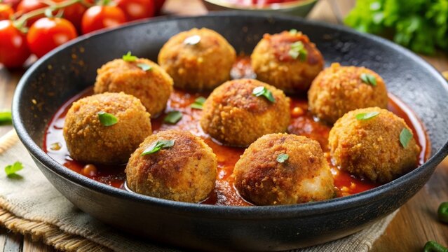 Deliciosas alb&oacute;ndigas crujientes cocidas en salsa de tomate en una sart&eacute;n, listas para servir como un plato sabroso y reconfortante.