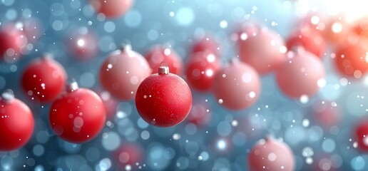 Festive red and pink Christmas baubles float against a glittering bokeh background, capturing the holiday spirit in a dreamy scene.