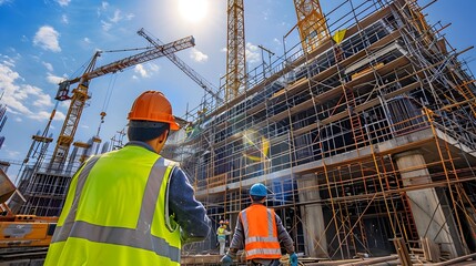 Bustling Construction Site with Cranes Scaffolding and Safety Geared Workers