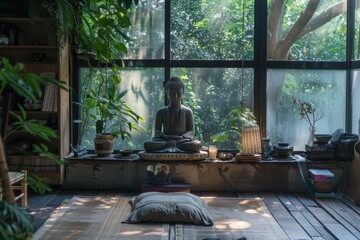 A serene meditation space with a Buddha statue, plants and a large window overlooking a lush green garden.