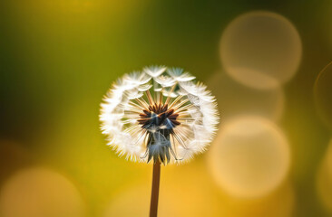 Fototapeta premium Flower background. Macro close up vie of a dandelion flower seed in springtime. Abstract background. 