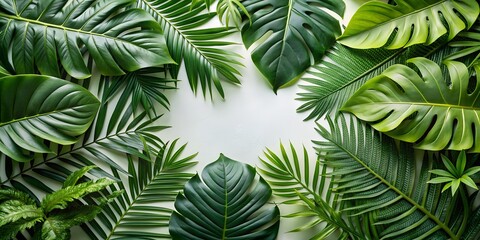 closeup nature view of palms and monstera and fern leaf background Flat lay dark nature concept tropical leaf AI-Generated Conte