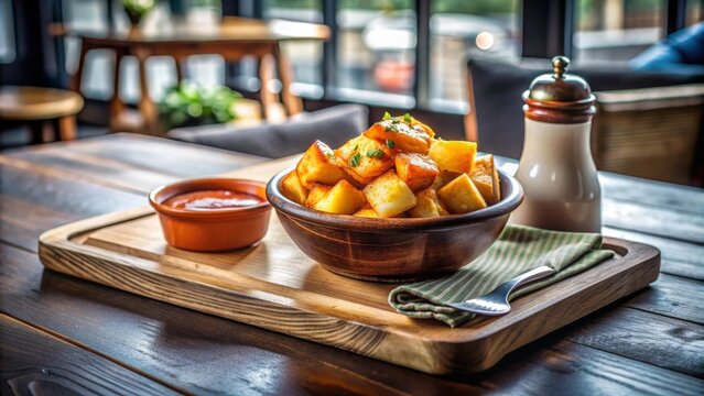 Un taz&oacute;n de patatas bravas con salsa y un salero en una mesa de madera. La luz suave del entorno da un toque c&aacute;lido a la escena, perfecta para una comida informal.