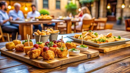 Fototapeta premium Una variedad de tapas y aperitivos en una terraza al aire libre. El ambiente animado y acogedor invita a disfrutar de una experiencia culinaria compartida, ideal para reuniones sociales. Los platos co