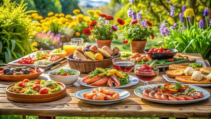 Una mesa al aire libre está decorada con una amplia variedad de platos coloridos, incluyendo tapas, ensaladas frescas y mariscos. El entorno natural y floreado crea un ambiente perfecto para disfrutar