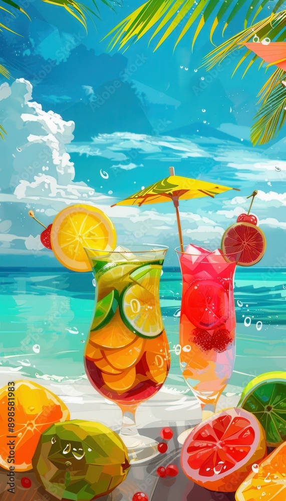 Fototapete two colorful cocktails garnished with fruit and an umbrella sit on a beach with an ocean and palm tr