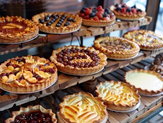 A variety of delicious homemade pies on display in a bakery.