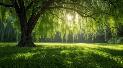 sunlit through willow tree branch beautiful nature background wallpaper 