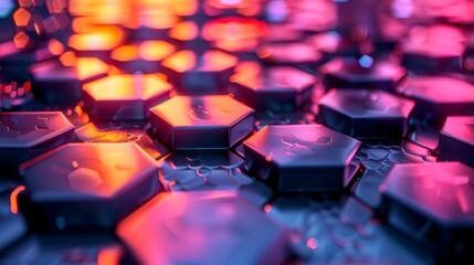 Obraz premium Abstract hexagonal patterns with vibrant colors and reflective surfaces.