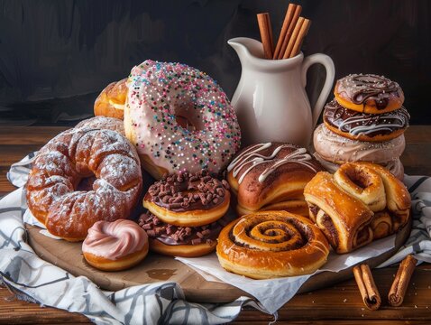 A variety of sweet pastries, including donuts, cinnamon rolls, and danishes, are arranged on a wooden tray.