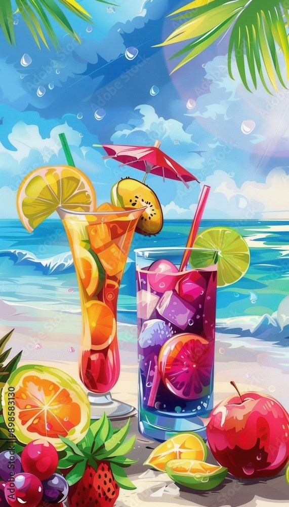 Poster two glasses of colorful cocktails decorated with fruit slices and an umbrella are displayed on the b