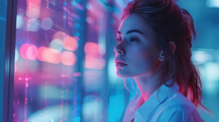 Fototapeta premium Young woman gazing at futuristic digital screen with vibrant neon lights in background