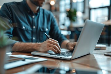A man working on a laptop while holding a pen in a modern office setting, focusing on business tasks, technology, and productivity.