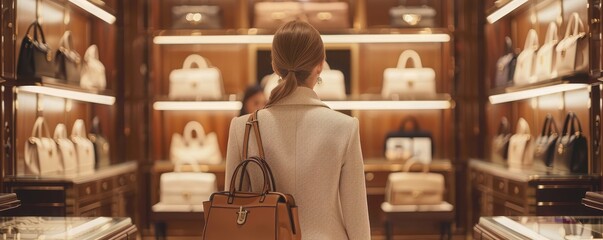 A woman shopping for luxury handbags in an upscale designer boutique, admiring the collection displayed on wooden shelves under warm lighting.